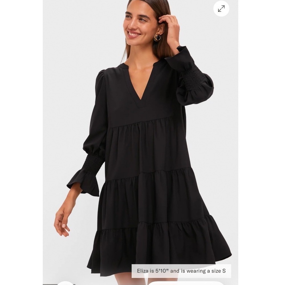 Pomander Place Black Tiered Mini Dress M Smocked Ruffle Bell Sleeve V Neck